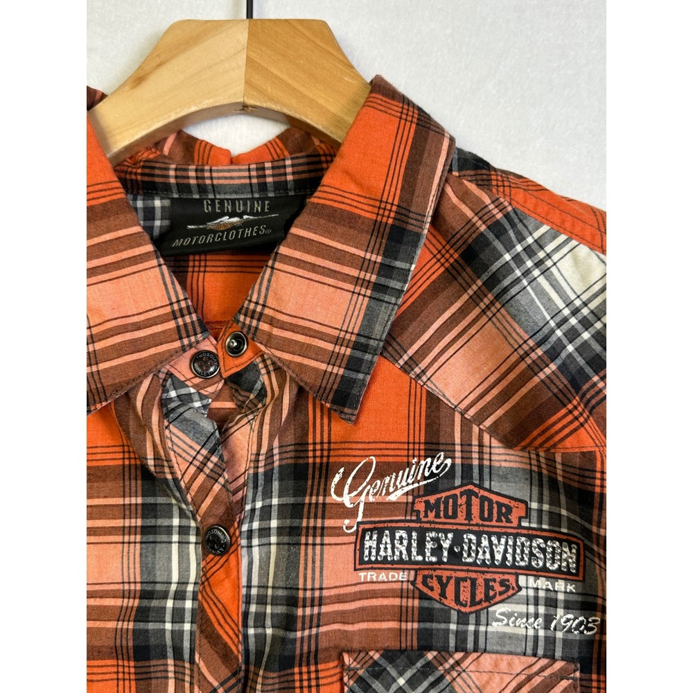 Harley-Davidson Womens Orange Plaid Rhinestone Graphic Button Up Shirt Medium